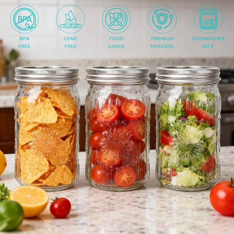 CycleMore 6 Pack 32oz Glass Mason Jars with Silver Two-Piece Lids - Wide Mouth Jars, 1 Quart Canning Jars With Sunflower Print for Preserving, Decor & Storage - Image 3